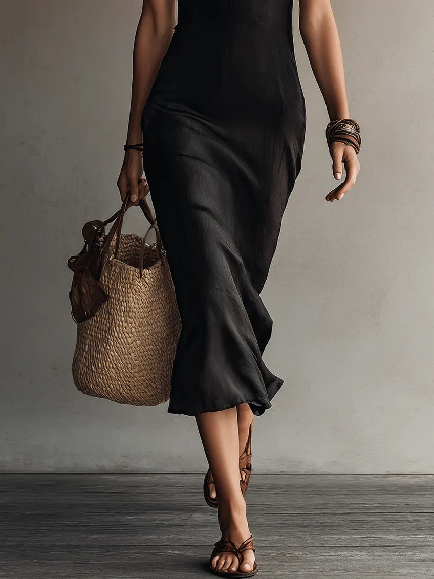 Adriana™ | Vestido Midi Negro con Encaje y Escote en V