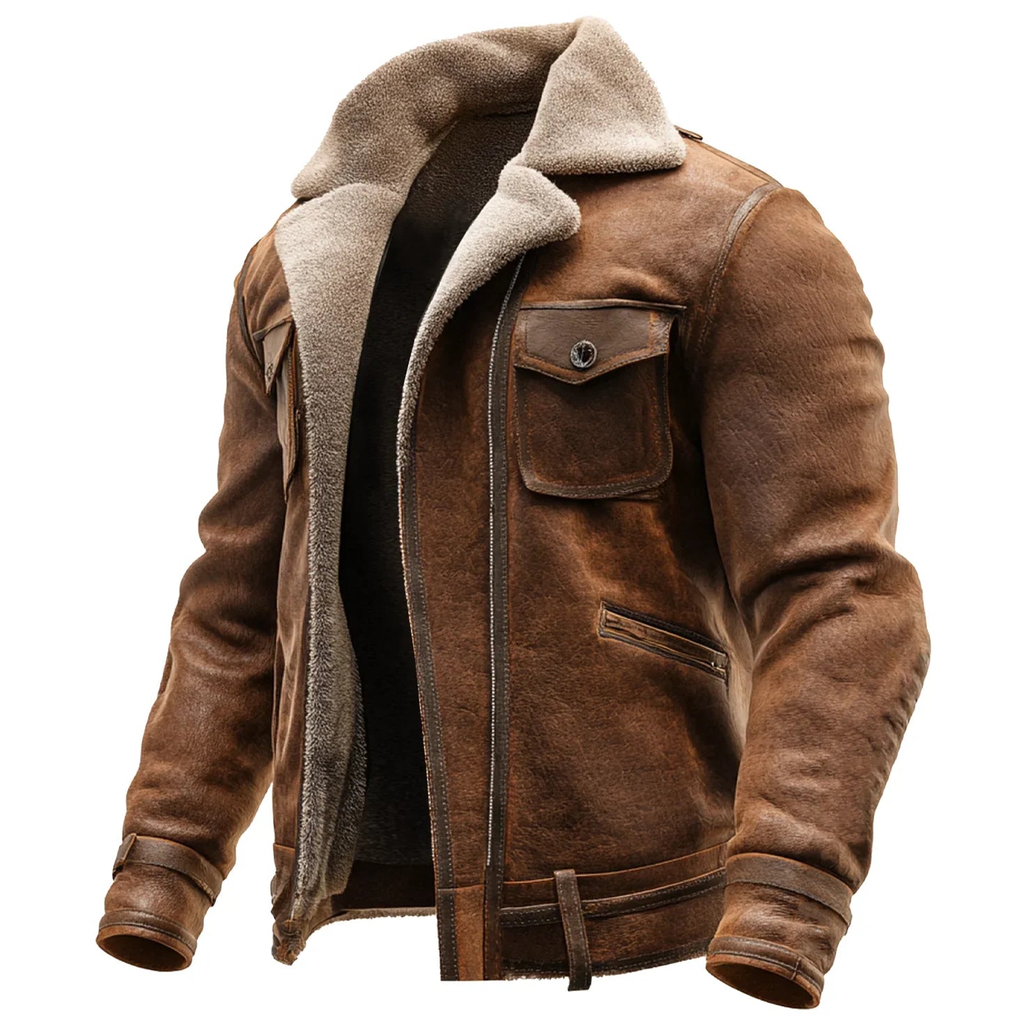 Chaqueta de Cuero Marrón Vintage con Forro de Piel Sintética