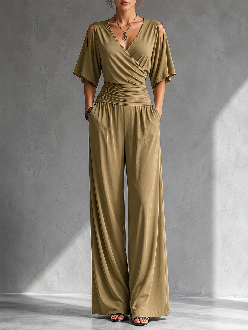 Alia | Conjunto Elegante con Efecto Cruzado y Pantalón Ancho