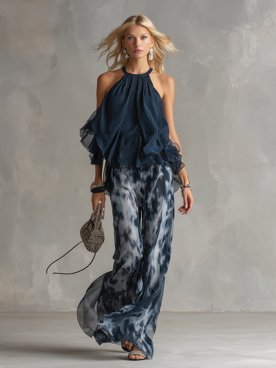 Candela - Elegante en Chiffon con Top de Cuello Alto y Pantalones Anchos Estampados