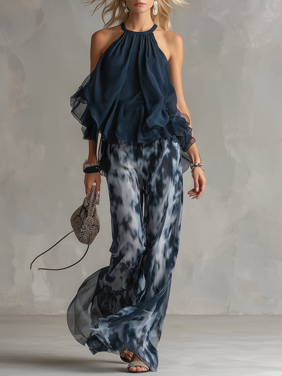 Candela - Elegante en Chiffon con Top de Cuello Alto y Pantalones Anchos Estampados