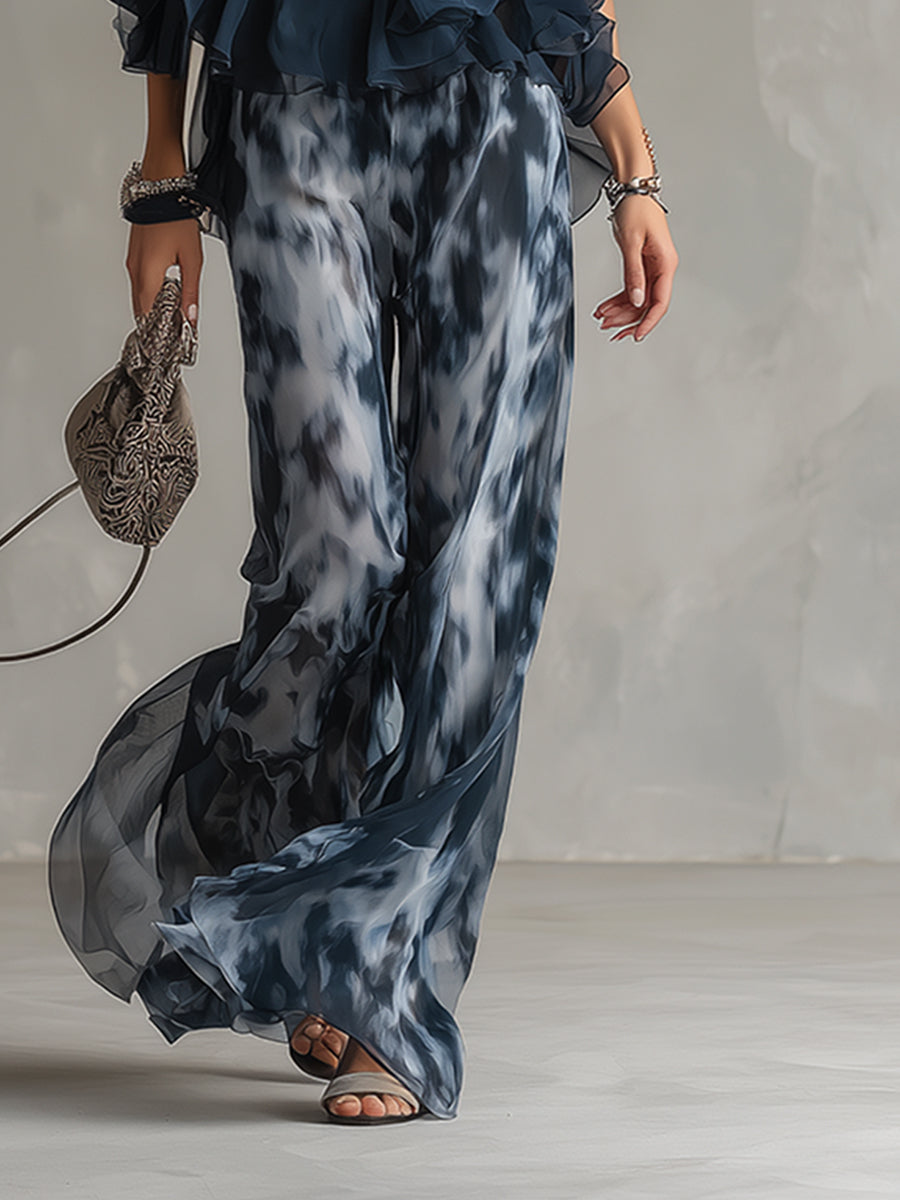 Candela - Elegante en Chiffon con Top de Cuello Alto y Pantalones Anchos Estampados